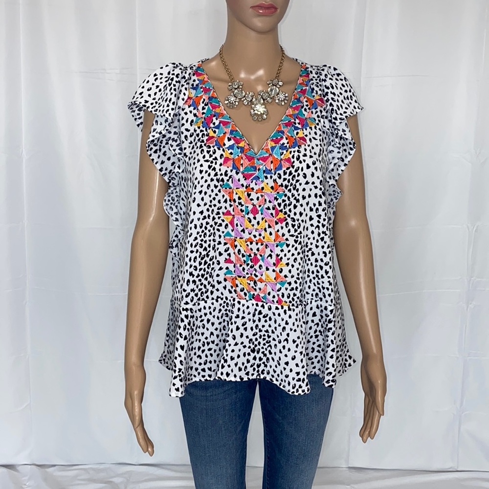 THML White and Black Spotted Blouse with Multicolor Trim